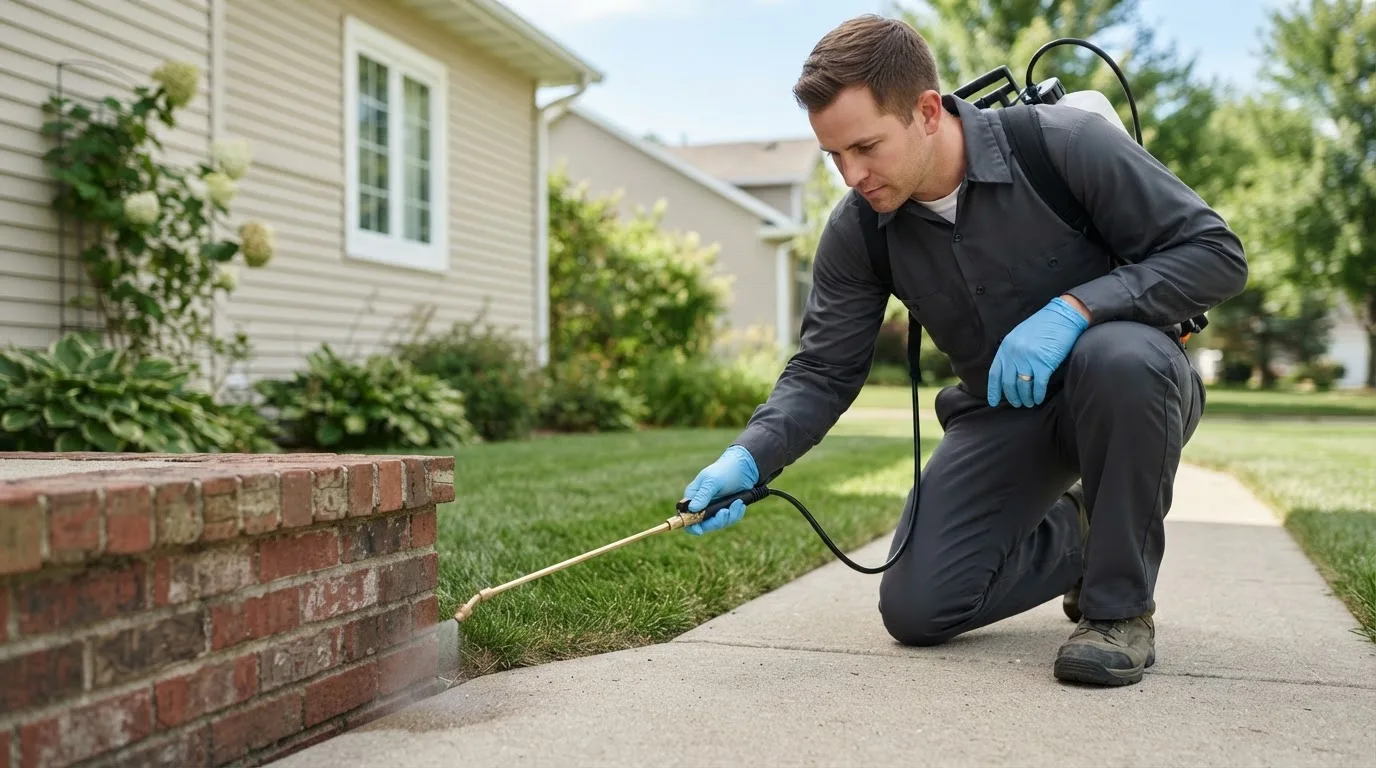 Pest control technician treating a home near North Hampton, OH