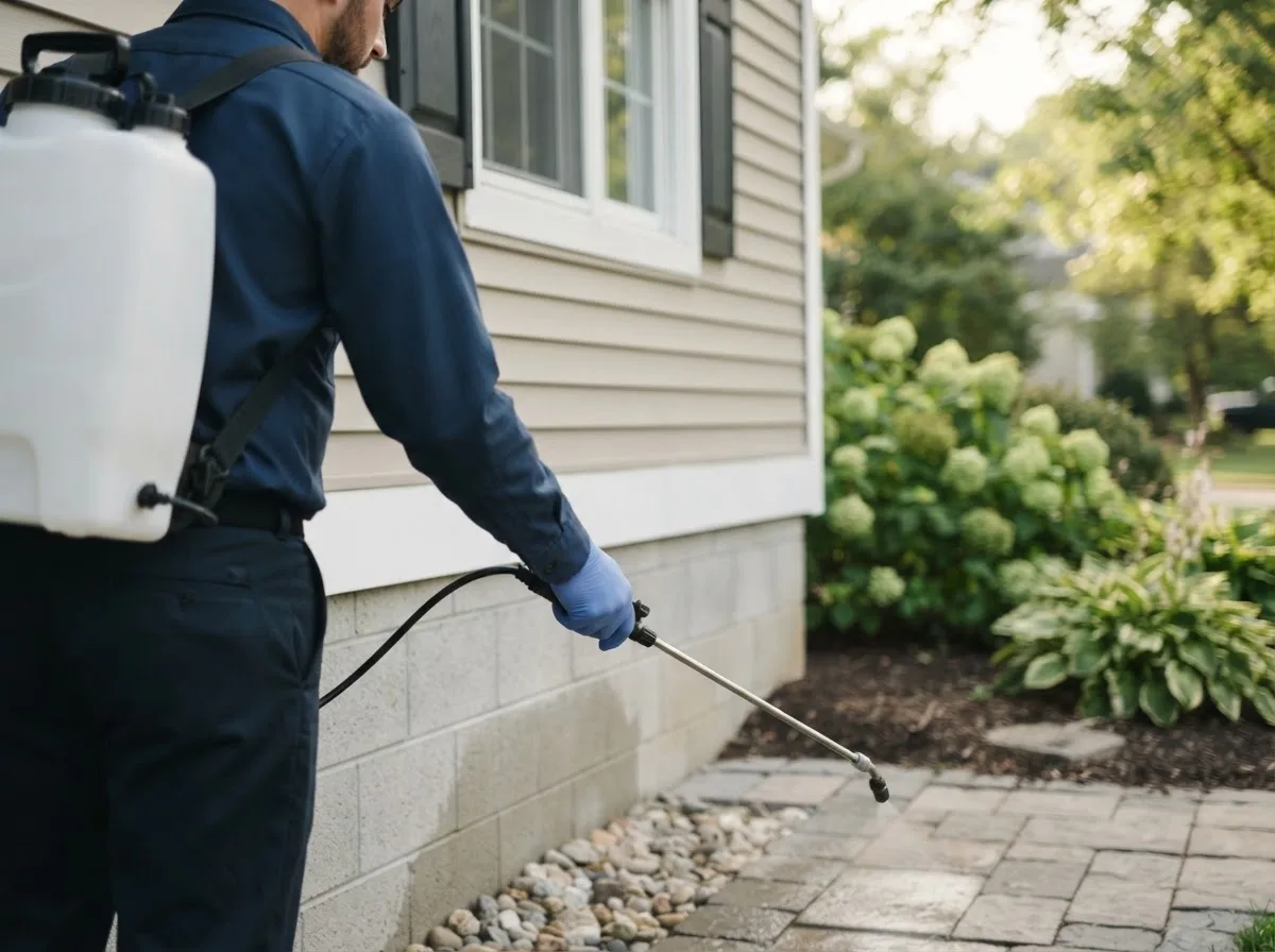 Pest control technician inspecting a home in North Hampton, OH